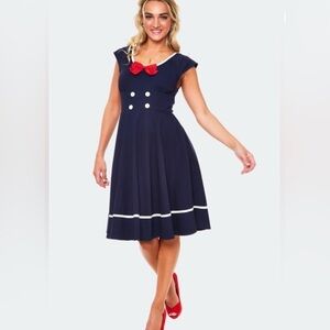 Voodoo Vixen Catalina Seaside Dress Navy Red Bow Nautical Pin-Up Size L